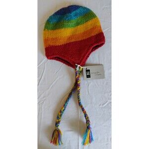 Wool Knit Unisex Fleece Lined Ear Flap Beanie Sherpa Cap Nepal Rainbow XS READ!
